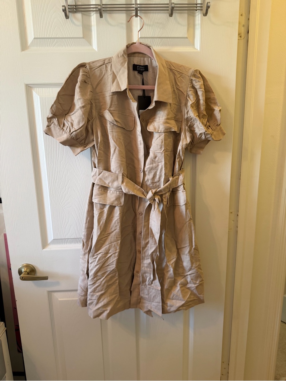 Only Taupe Button-Front Mini Shirt Dress with Tie Waist